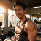 一位35岁左右的泰国男性健身教练半身照，穿着运动背心，背景为健身房，阳光从窗户照进来